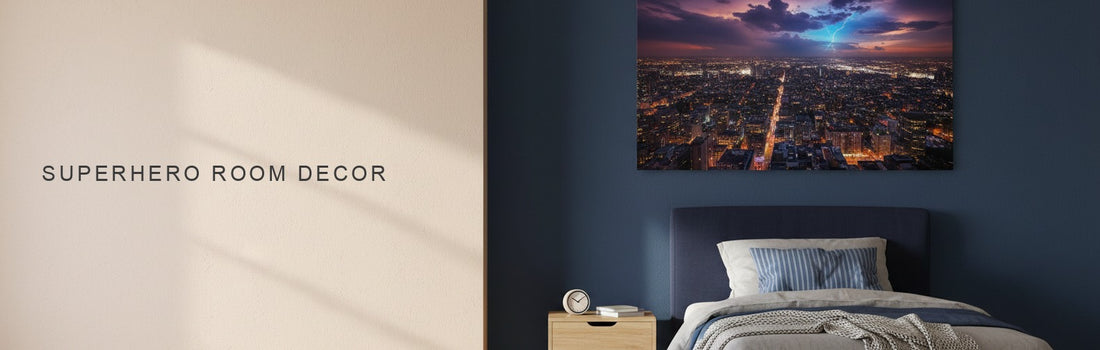 Superhero room decor in a boys bedroom with a navy wall and a twin bed beneath a city skyline at night canvas under a dramatic sky