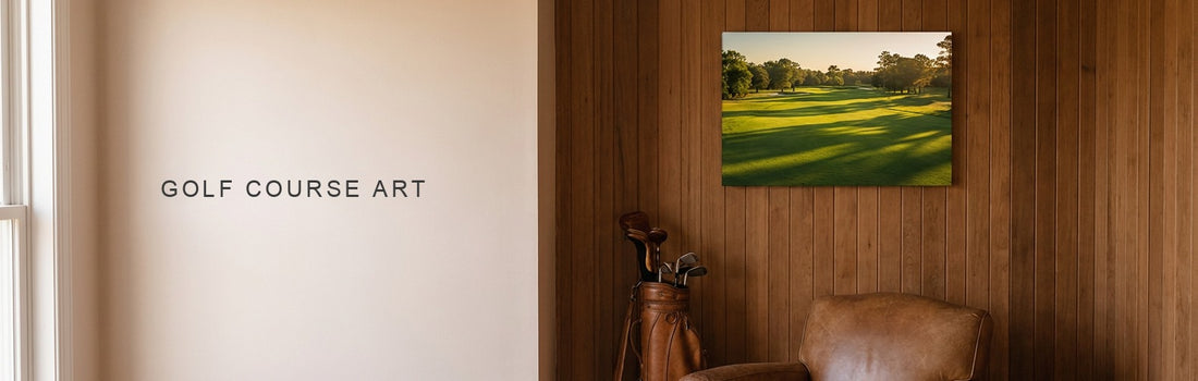 Golf course art: a wood-paneled home office with a leather chair and a golf bag in the corner, and a fairway at golden hour on a canvas above the desk