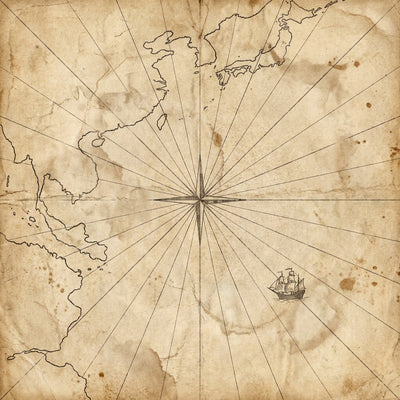 Antique wall decor, an old nautical sea chart in sepia ink with a compass drawing and a small sailing ship