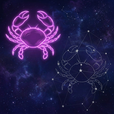 Astrology wall art, a glowing zodiac symbol and a constellation chart against a dark night sky