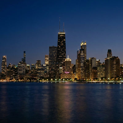 Chicago skyline wall art, the Chicago skyline at night seen from the lakefront