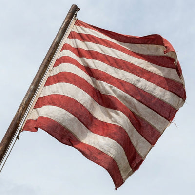 Flags wall art, a striped flag rippling on a metal pole against a plain pale sky