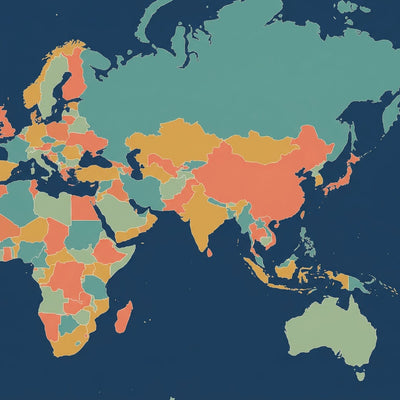 Map wall art, a color-coded political world map in teal, ochre, coral and sage on a navy ocean