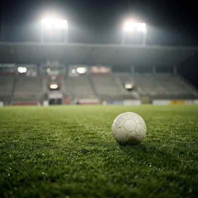 Sports wall art, a soccer ball on a stadium pitch at night under bright floodlights
