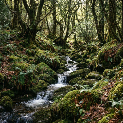 Stream wall art: a mossy forest stream flowing through woodland
