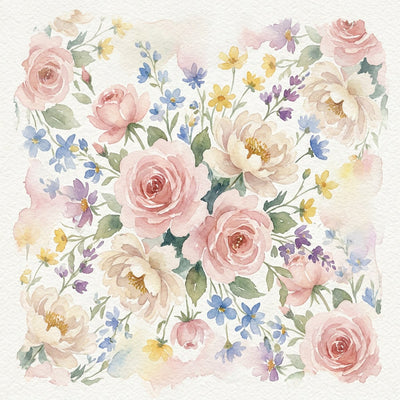 Vintage Flower wall art: a loose watercolor bouquet of roses, peonies and wildflowers with faded edges
