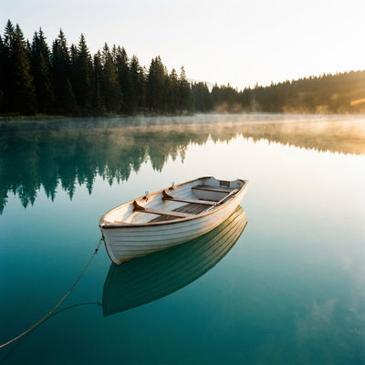 Water wall art, a still turquoise lake at sunrise with a white rowboat tethered on the calm surface and pines mirrored