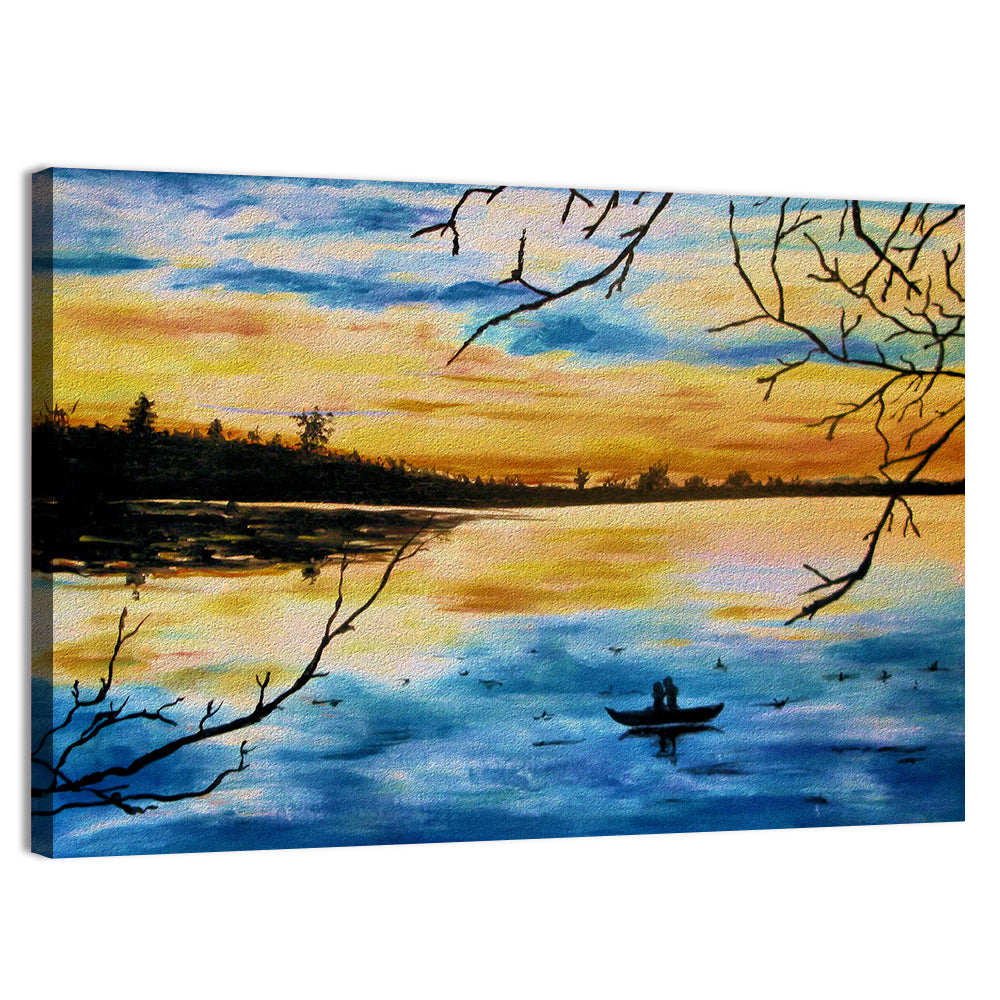 Lovers in a Boat at Sunset Wall Art, canvas print, landscape