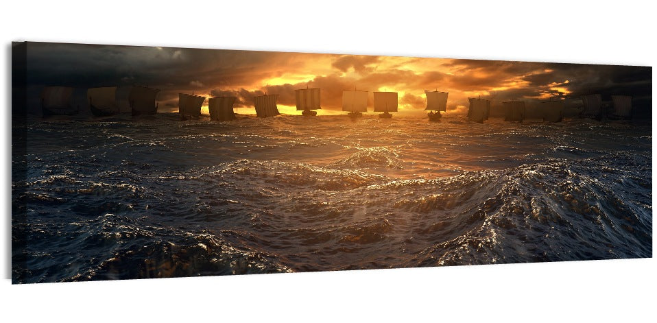 Viking Longships at Sunset Wall Art, canvas print, panoramic