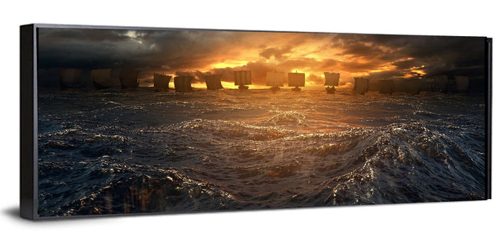 Viking Longships at Sunset Wall Art as a framed canvas