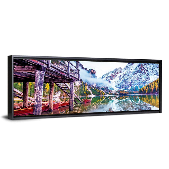Lago Di Braies Boathouse Wall Art as a framed canvas