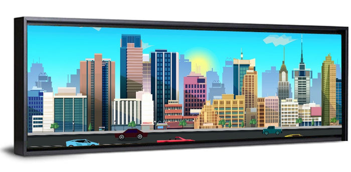 Geometric City Skyline with Sun Flare Wall Art as a framed canvas