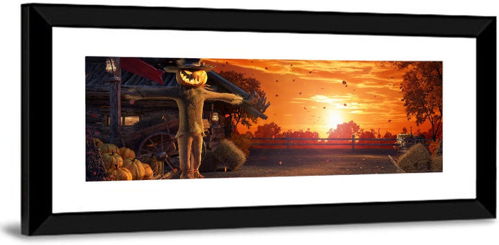 Glowing Pumpkin Scarecrow at Dusk Wall Art