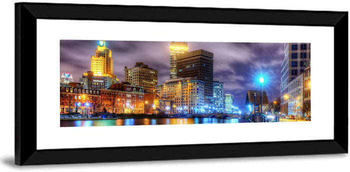 Providence River Night Skyline Wall Art as a framed print