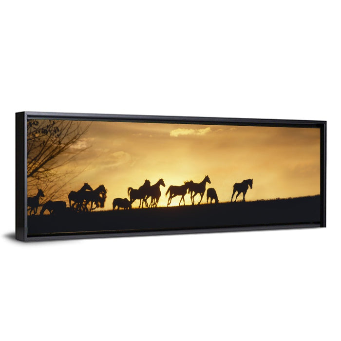 Mustang Silhouettes at Sunset Wall Art as a framed canvas