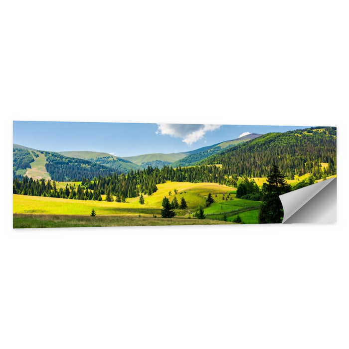 Sunlit Haystacks on Rolling Grassy Hills Wall Art as a poster print