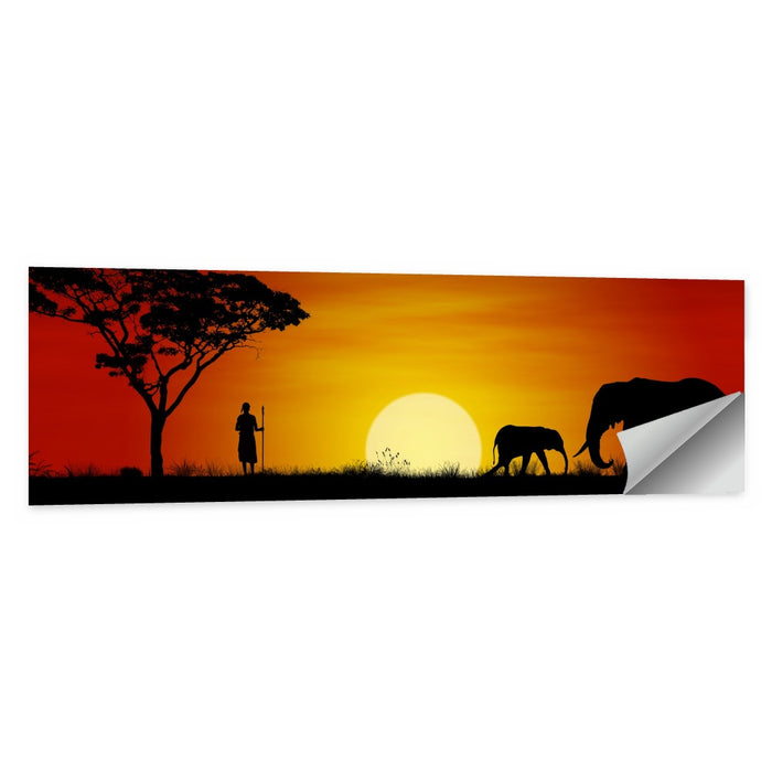 Massai Warrior and Elephants at Sunset Wall Art as a poster print