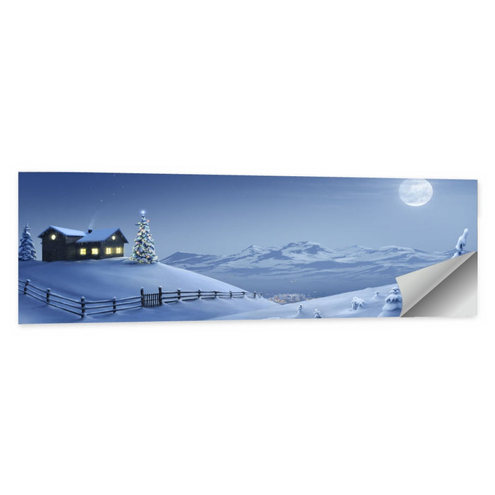 Snowy Mountain Cabin at Night Wall Art as a poster print