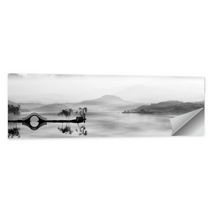 Misty Chinese Lake with Bridge Wall Art as a poster print