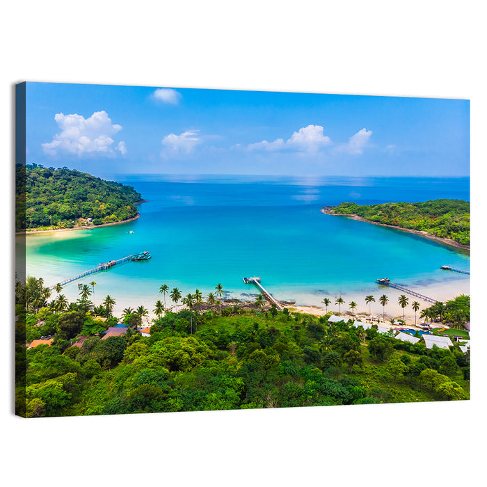 Tropical Bay with Wooden Piers Wall Art as a canvas print
