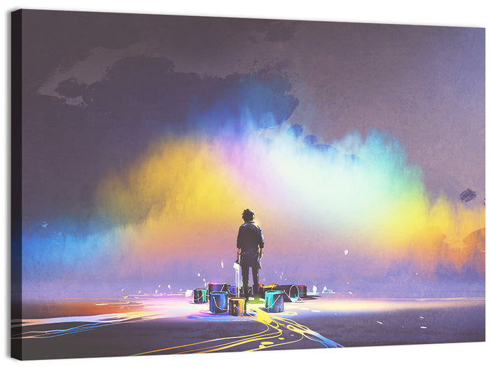 Silhouette with Paint Buckets and Rainbow Light Wall Art as a canvas print