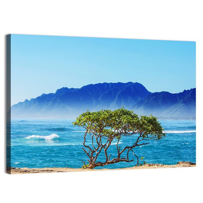 Hawaiian Coastal Tree on Rocky Shore Wall Art as a canvas print