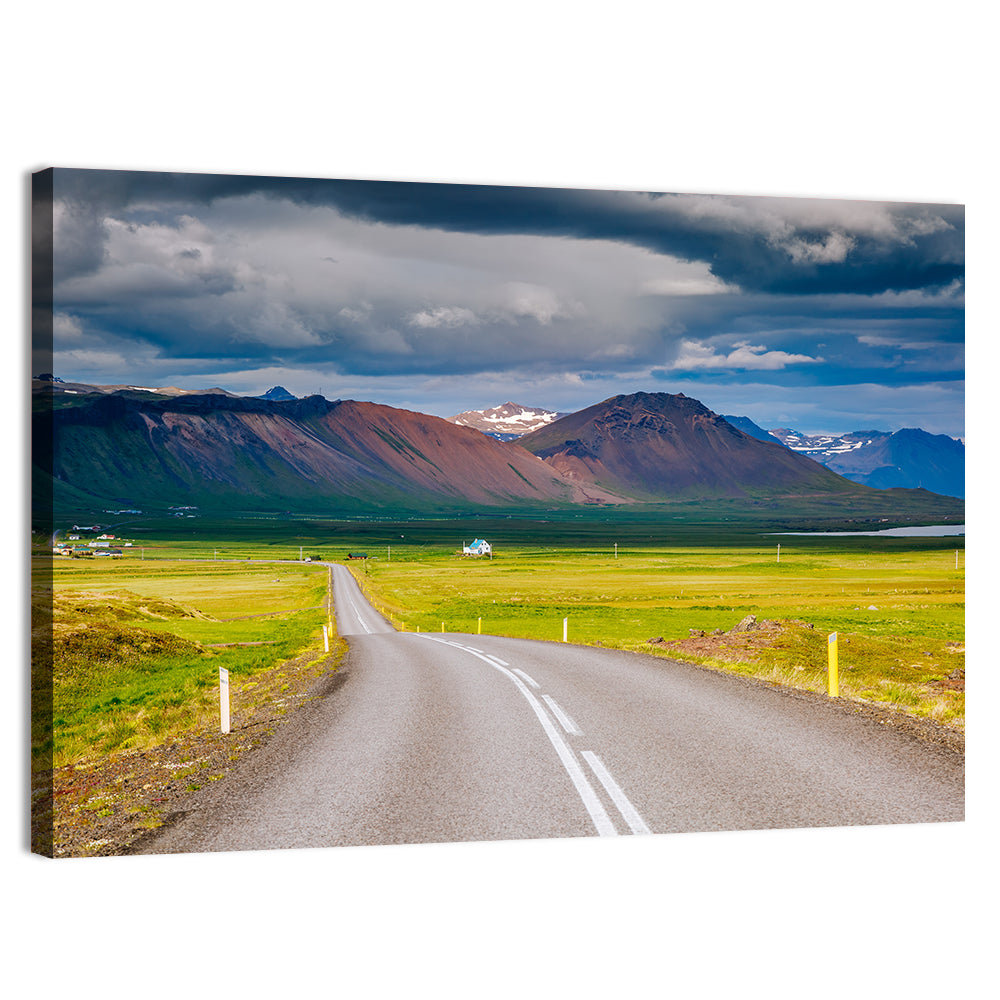 Icelandic Winding Road Toward Mountains Wall Art, canvas print, landscape