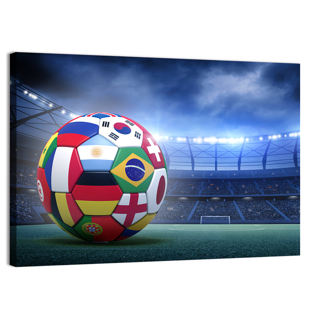 Soccer Ball on Stadium Pitch Wall Art, canvas print, landscape
