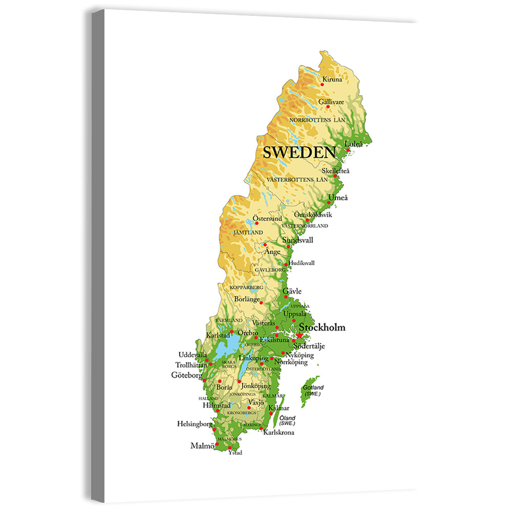 Sweden Relief Map Wall Art, canvas print, portrait