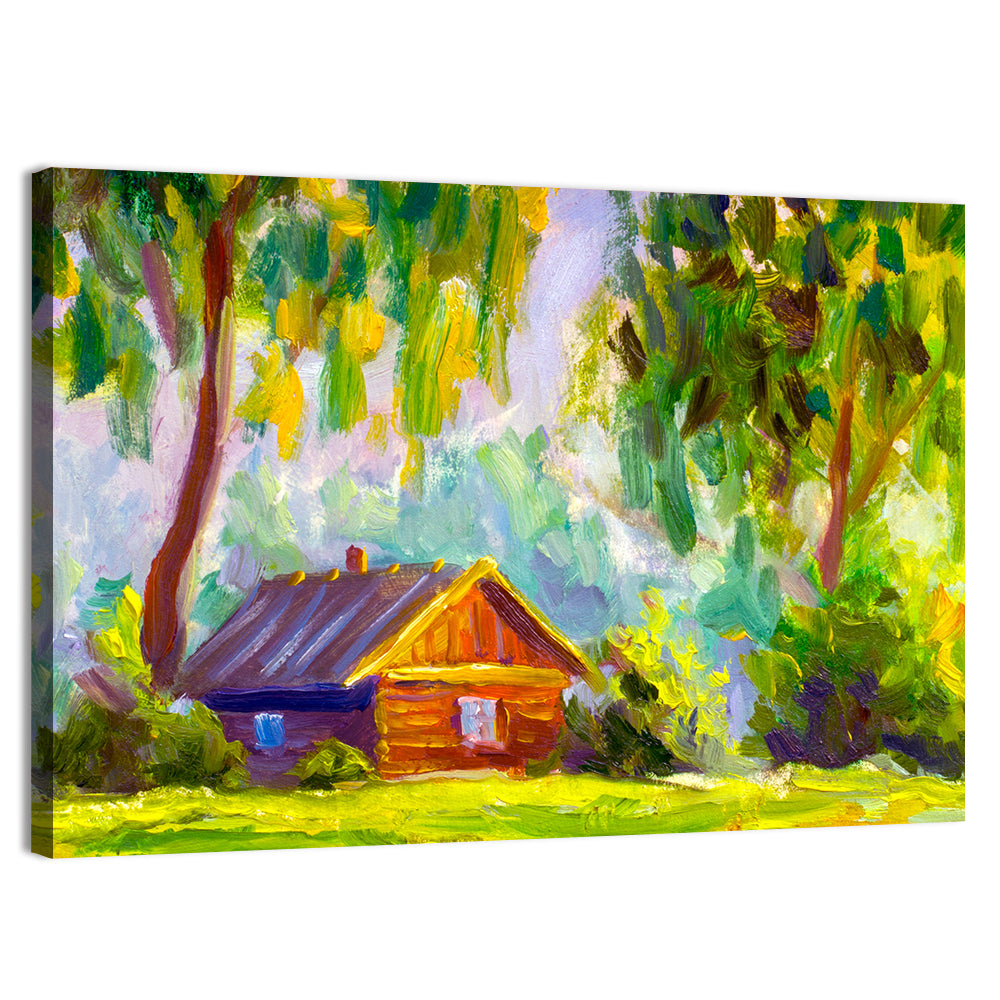 Impressionist Log Cabin in Green Forest Wall Art, canvas print, landscape