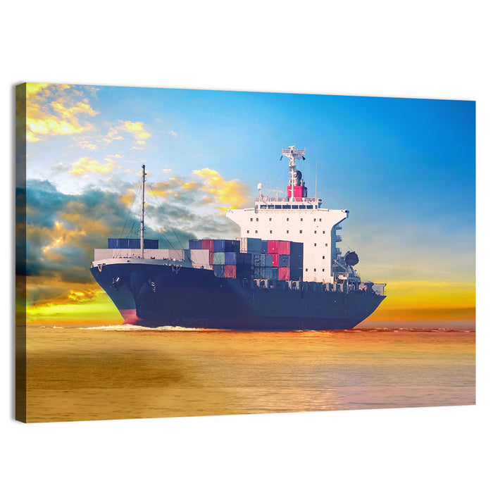 Container Ship at Golden Sunset Wall Art as a canvas print