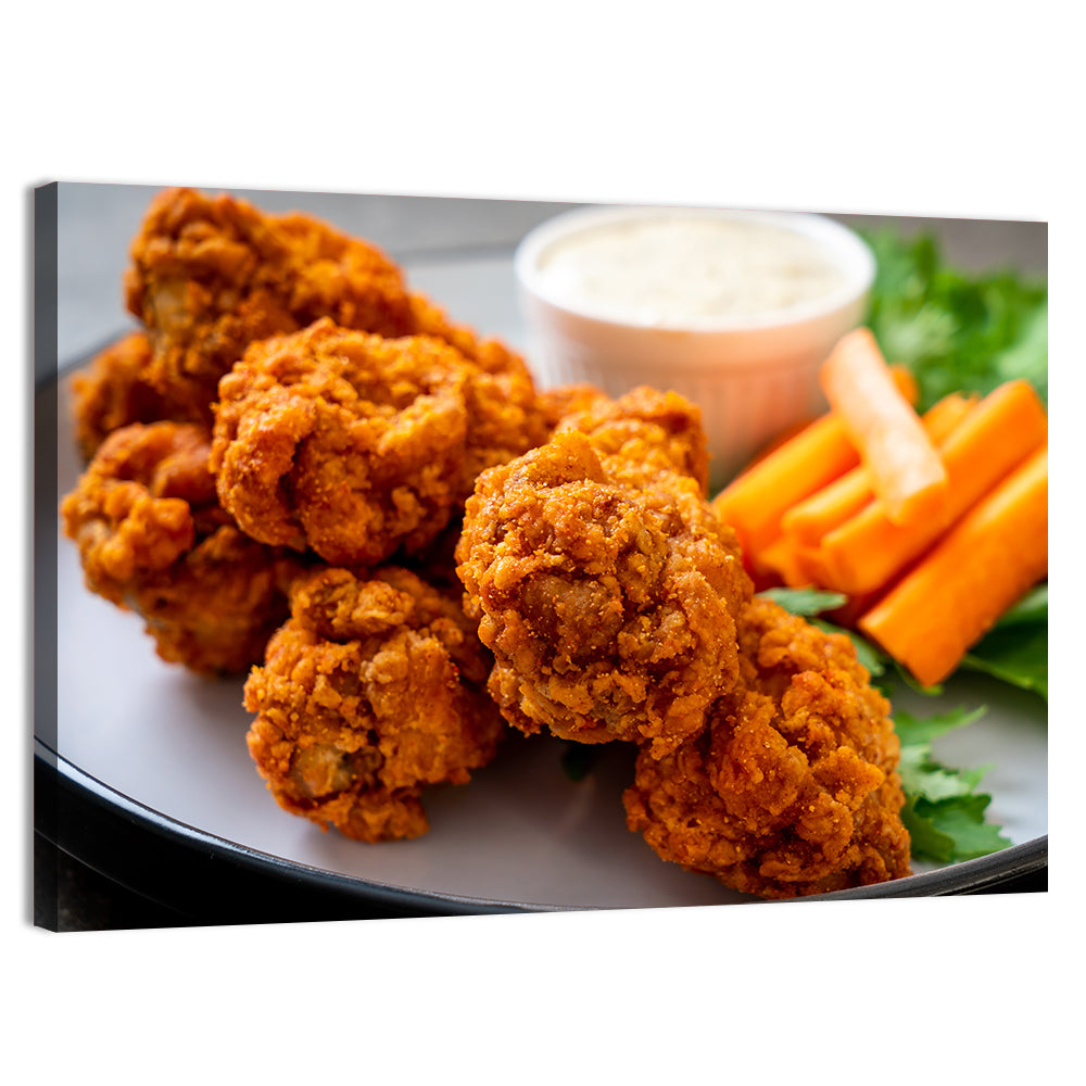 Crispy Spicy Chicken Wings with Carrot Sticks Wall Art, canvas print, landscape