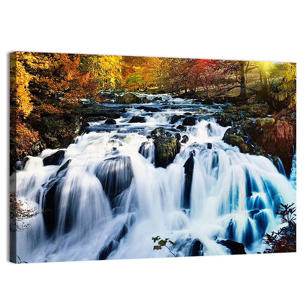 Mossy Autumn Forest Waterfall Wall Art, canvas print, landscape