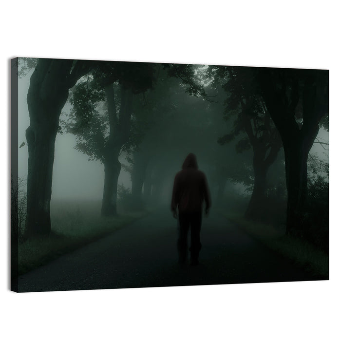 Hooded Silhouette on Foggy Forest Road Wall Art as a canvas print