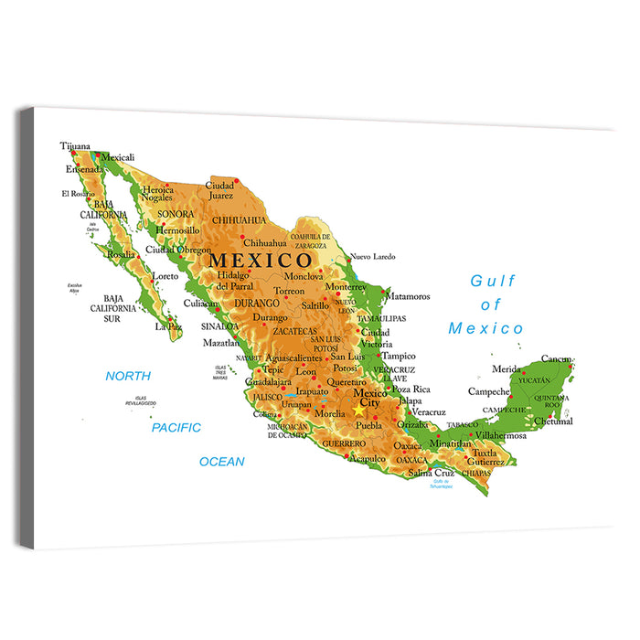 Mexico Physical Map Wall Art as a canvas print