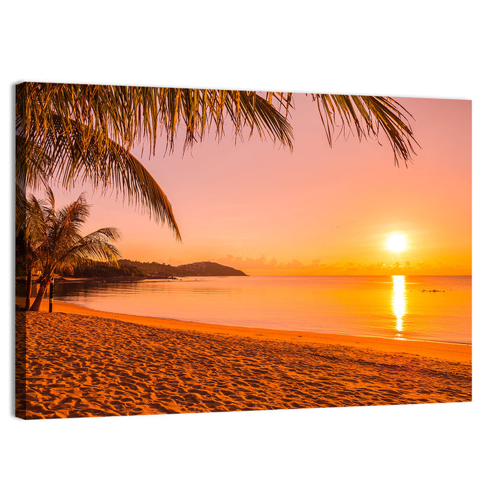 Golden Palm Sunset Wall Art as a canvas print