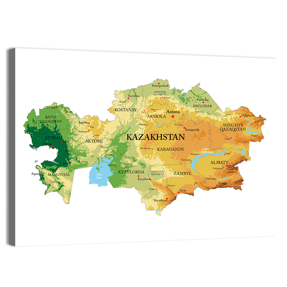 Kazakhstan Relief Map, Color-coded Terrain Wall Art, canvas print, landscape
