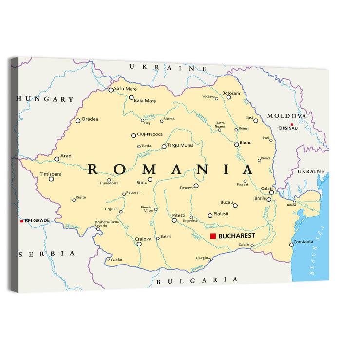Minimalist Romania Political Map Wall Art as a canvas print