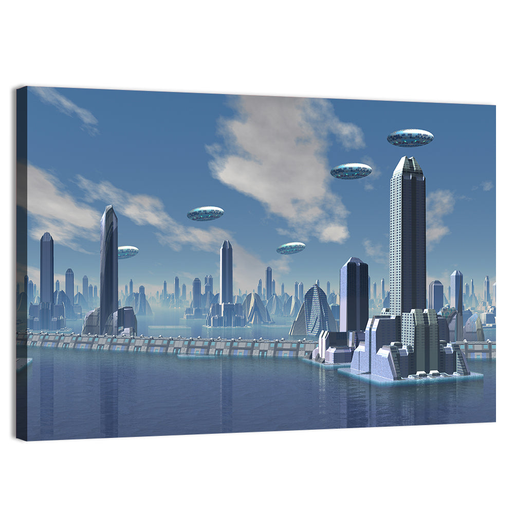 UFO Over Futuristic Alien City Wall Art