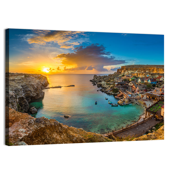Popeye Village Sunset, Anchor Bay Malta Wall Art as a canvas print