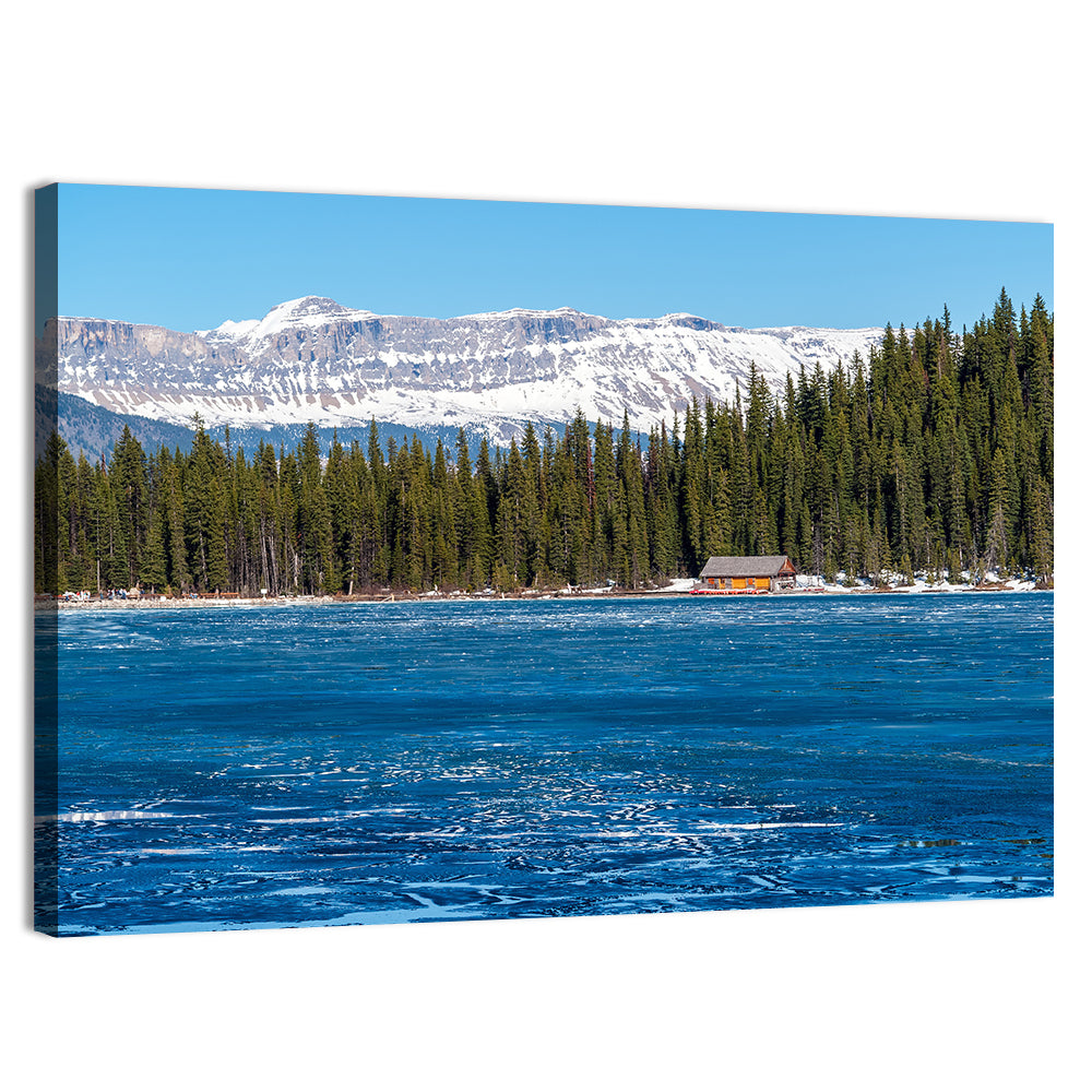 Boathouse on Frozen Lake Louise Wall Art, canvas print, landscape