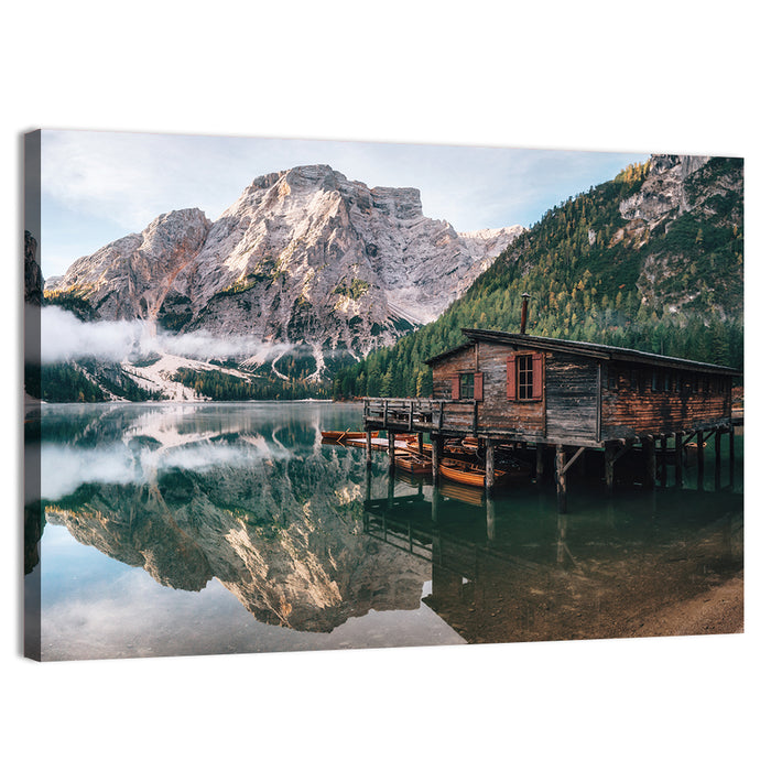 Lago Di Braies Boat House Wall Art as a canvas print