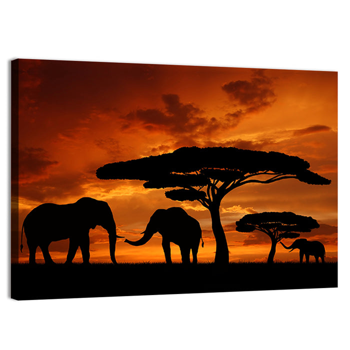 Three Elephants at Sunset Wall Art as a canvas print