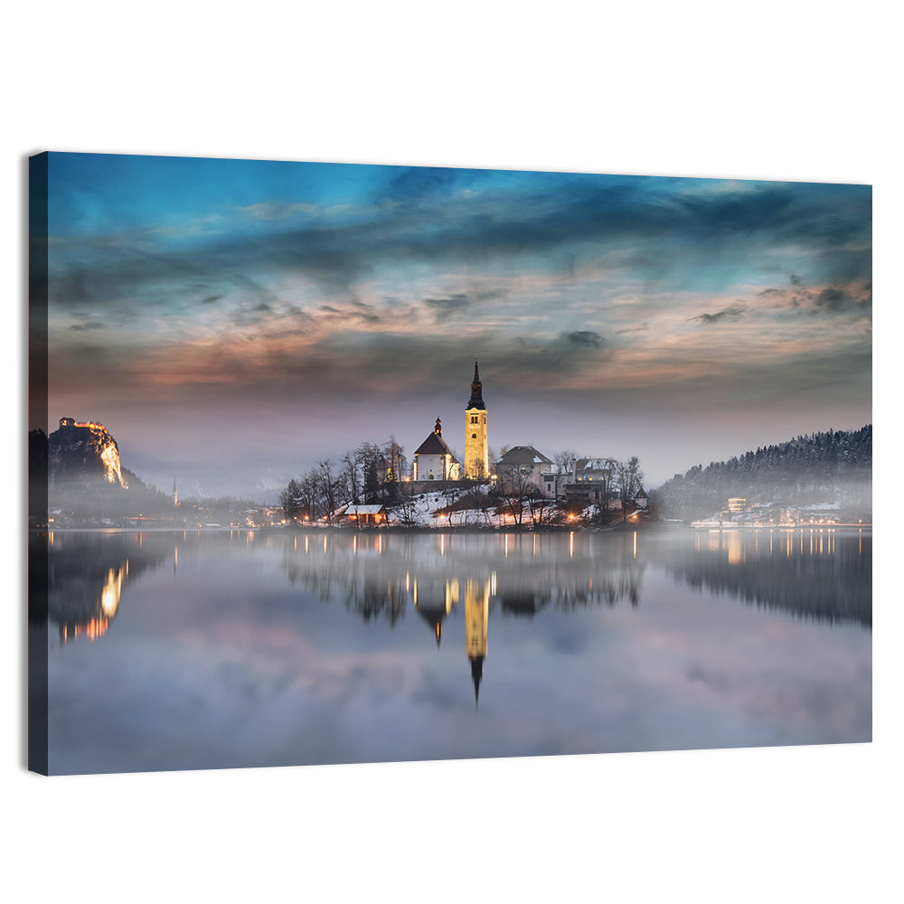 Lake Bled Misty Sunset Wall Art, canvas print, landscape