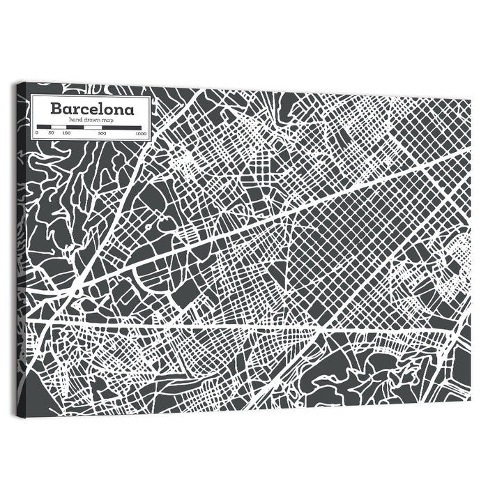 Barcelona Street Grid Map Wall Art as a canvas print