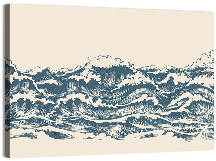 Ink Style Sea Waves Sketch Wall Art as a canvas print