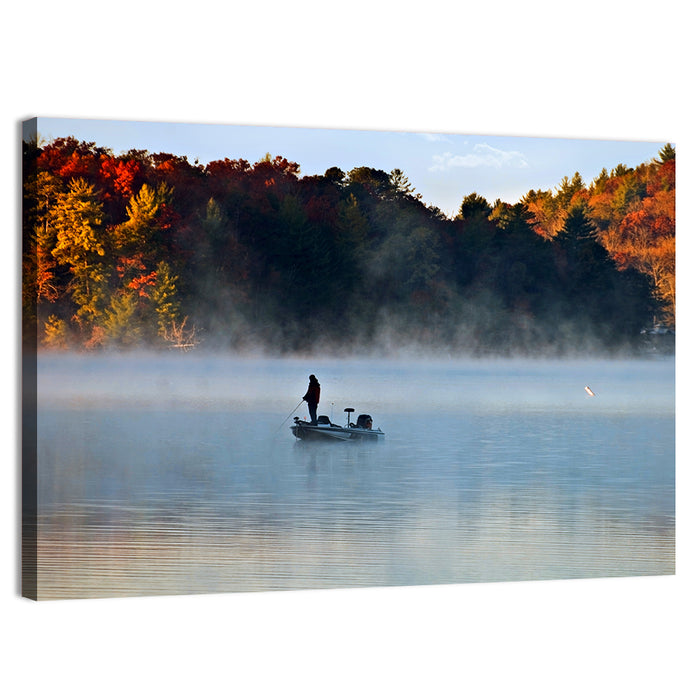 Misty Lake Fisherman Silhouette Wall Art as a canvas print