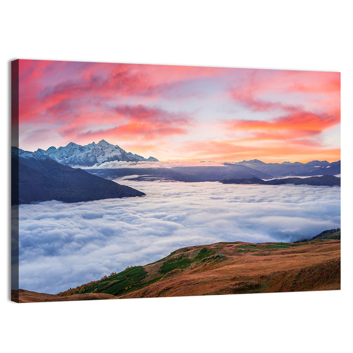 Mt Tetnuld Sunrise Over Clouds Wall Art as a canvas print