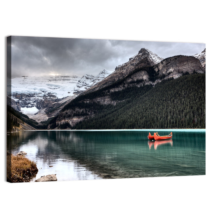 Lake Louise Canoes and Glacier Wall Art as a canvas print