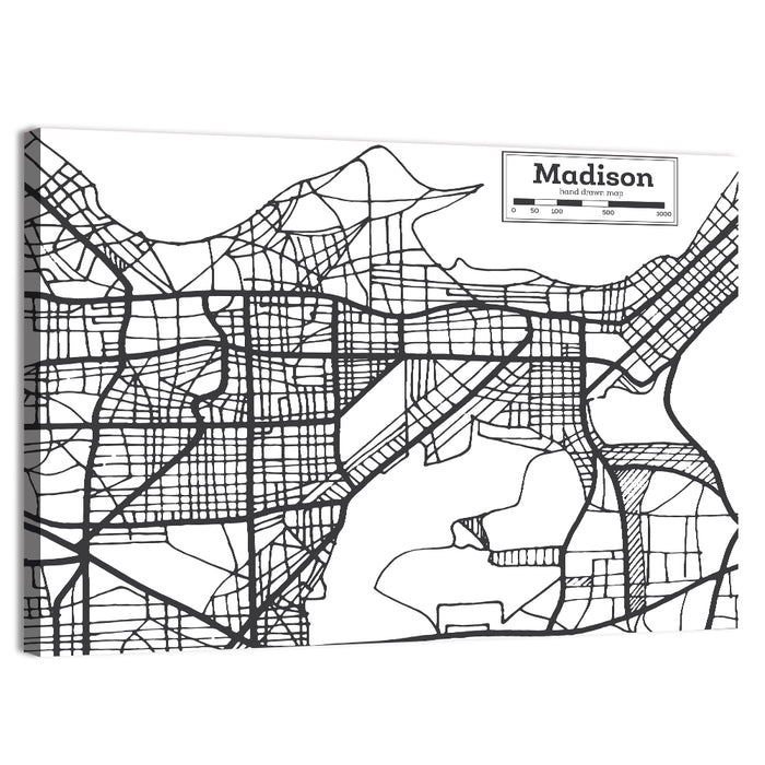 Hand Drawn Madison City Map Wall Art as a canvas print